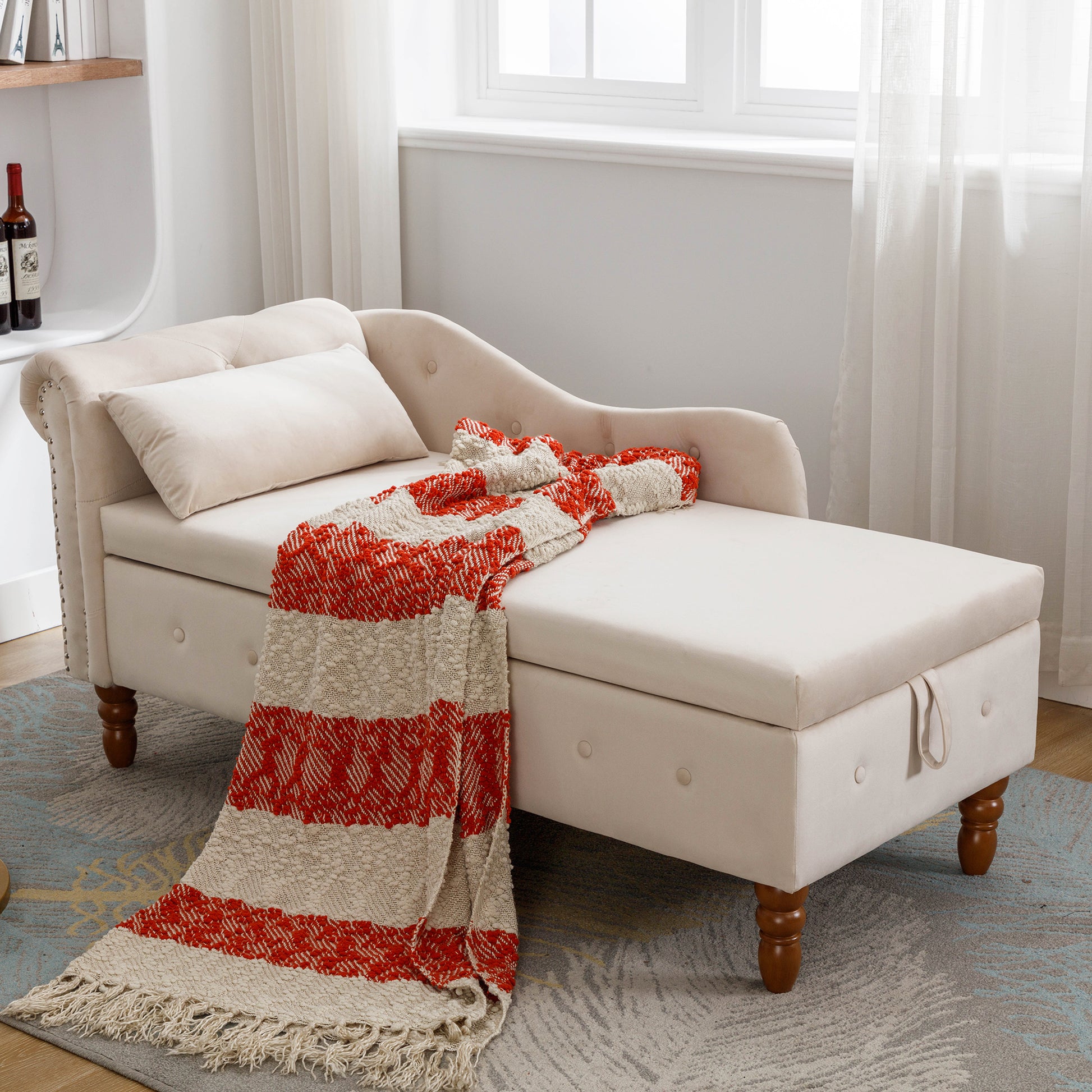 Beige Chaise Lounge Indoor Velvet Lounge Chair for Bedroom with Storage & Pillow Modern Upholstered Rolled Arm Chase Lounge - LaTezza Online Shop