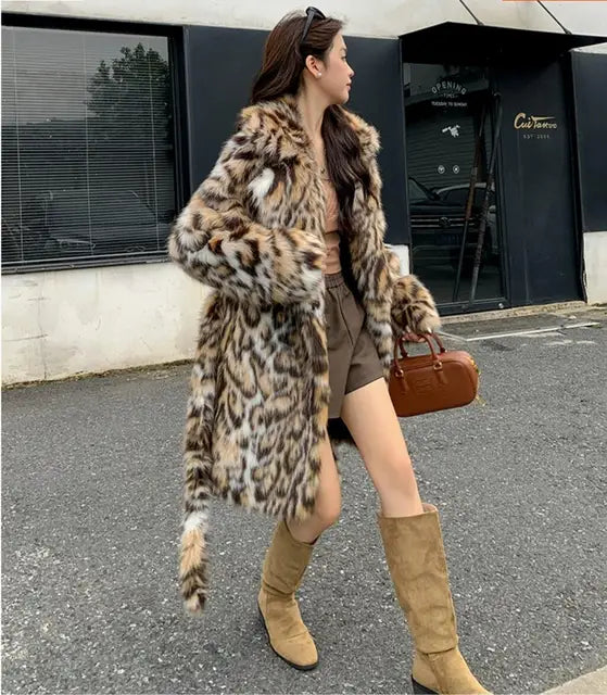 High quality Winter Animal Leopard Faux Fur Extra Long Coat Full Sleeve Loose War Jacket Loose Outerwear - LaTezza Online Shop