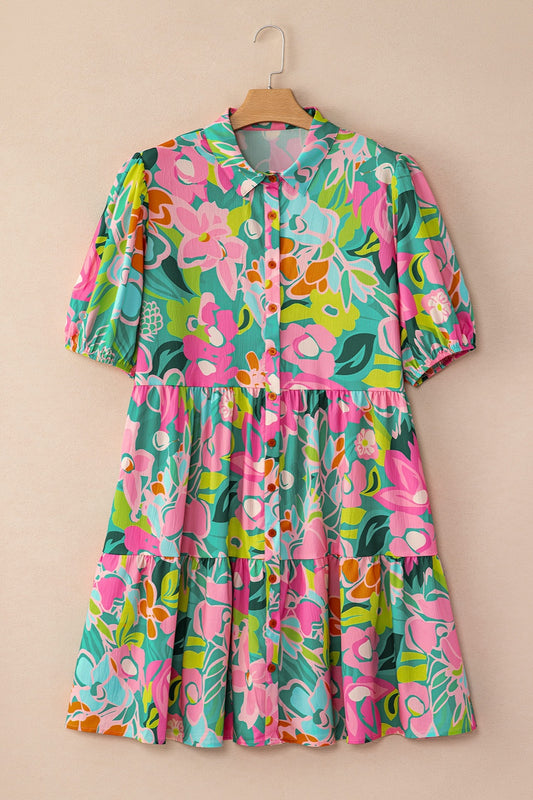 Printed Collared Neck Puff Sleeve Mini Dress - LaTezza Online Shop