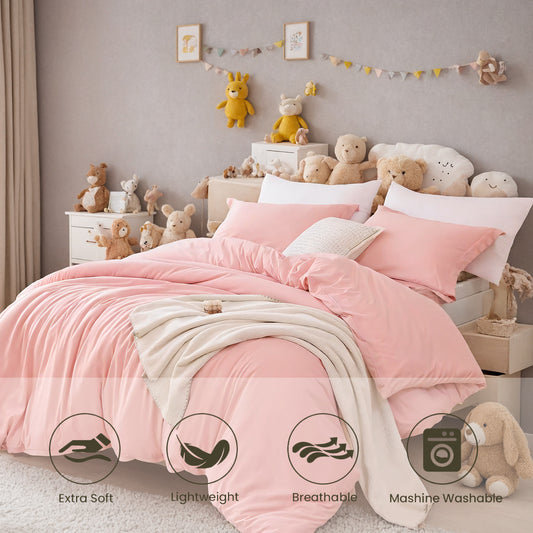 Three-piece Bedding Set With Solid Color Quilt Cover And Pillowcase Super Soft Microfiber Hotel Series Pink 