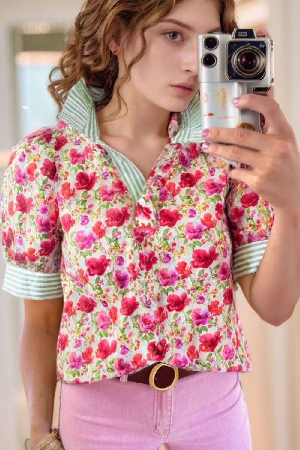 Printed Collared Neck Short Sleeve Blouse - LaTezza Online Shop