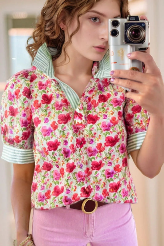 Printed Collared Neck Short Sleeve Blouse - LaTezza Online Shop