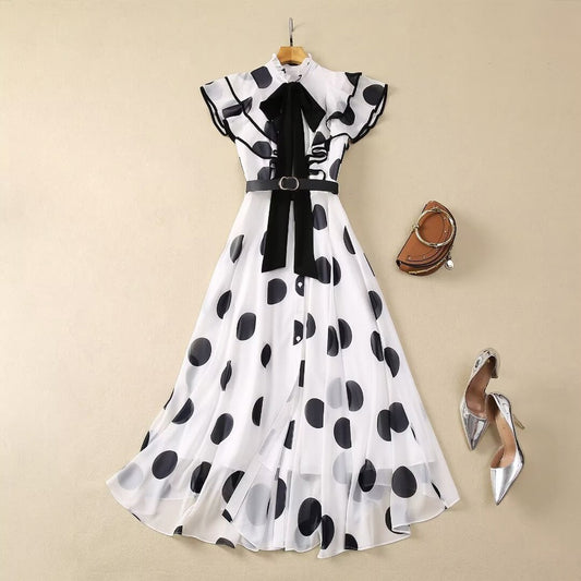 Standing collar ruffled edge waistband single breasted lace up polka dot fairy skirt - LaTezza Online Shop