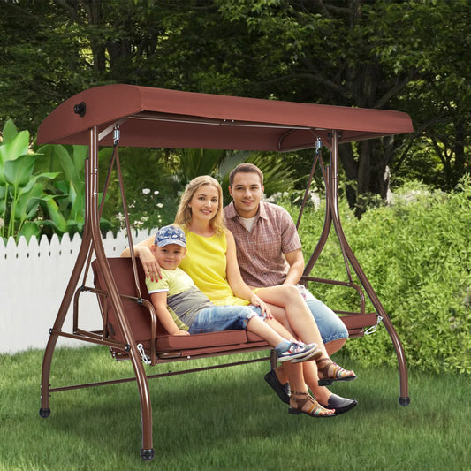 VEVOR 3-Seat Patio Swing Chair, Converting Canopy Swing, Outdoor Patio Porch With Adjustable Canopy, Removable Thick Cushion And Alloy Steel Frame, For Balcony, Backyard, Poolside, Brown - LaTezza Online Shop