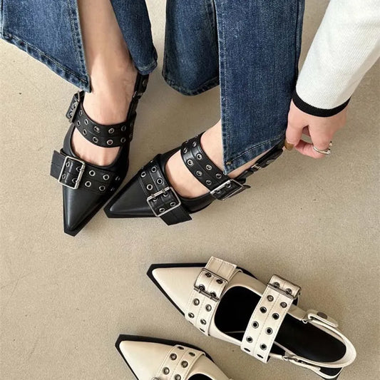 Square Toe Flats Loafers Point Toe Eyelet Buckle Slip-Ons - LaTezza Online Shop