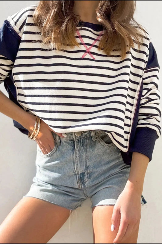 Exposed Seam Striped Long Sleeve Sweatshirt - LaTezza Online Shop