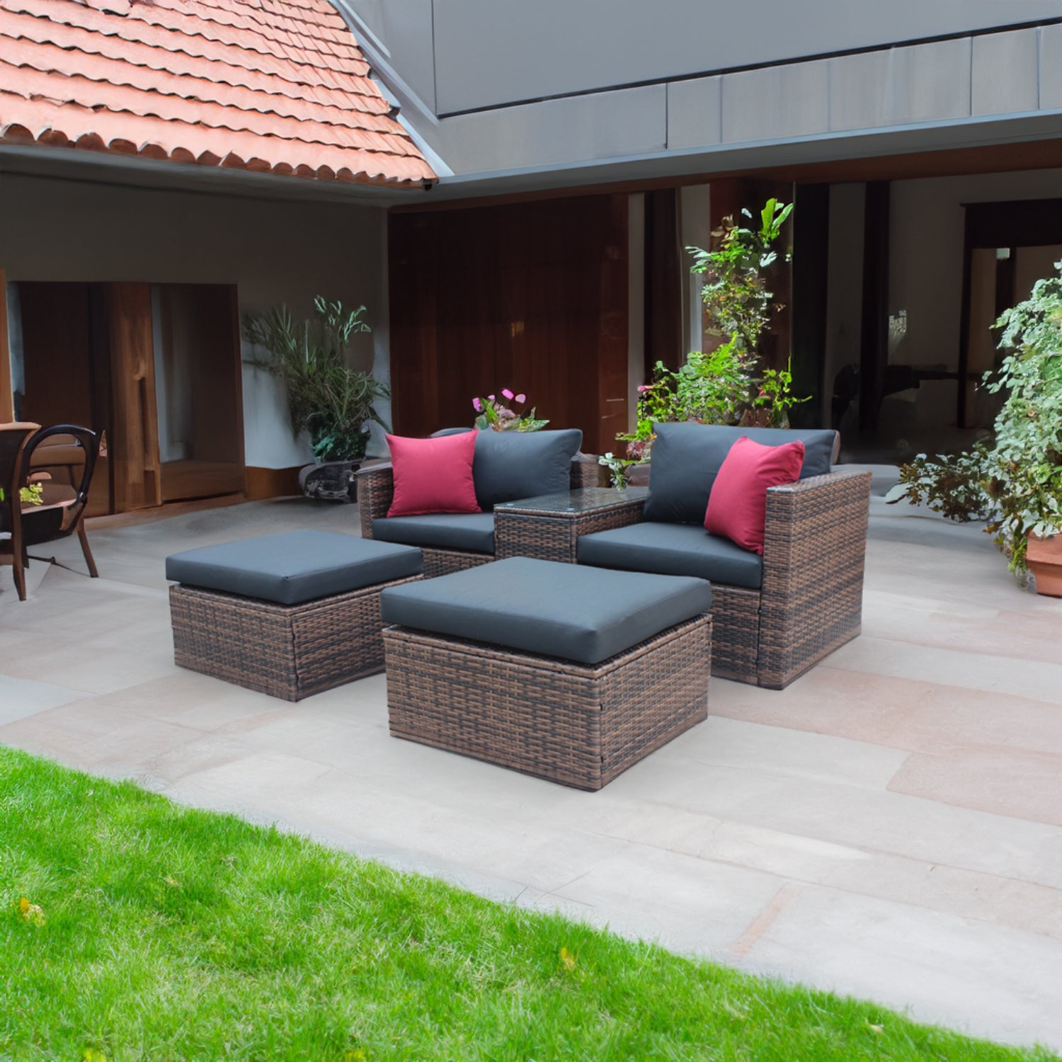 5 Pieces Outdoor Patio Garden Brown Wicker Sectional Sofa Set - LaTezza Online Shop