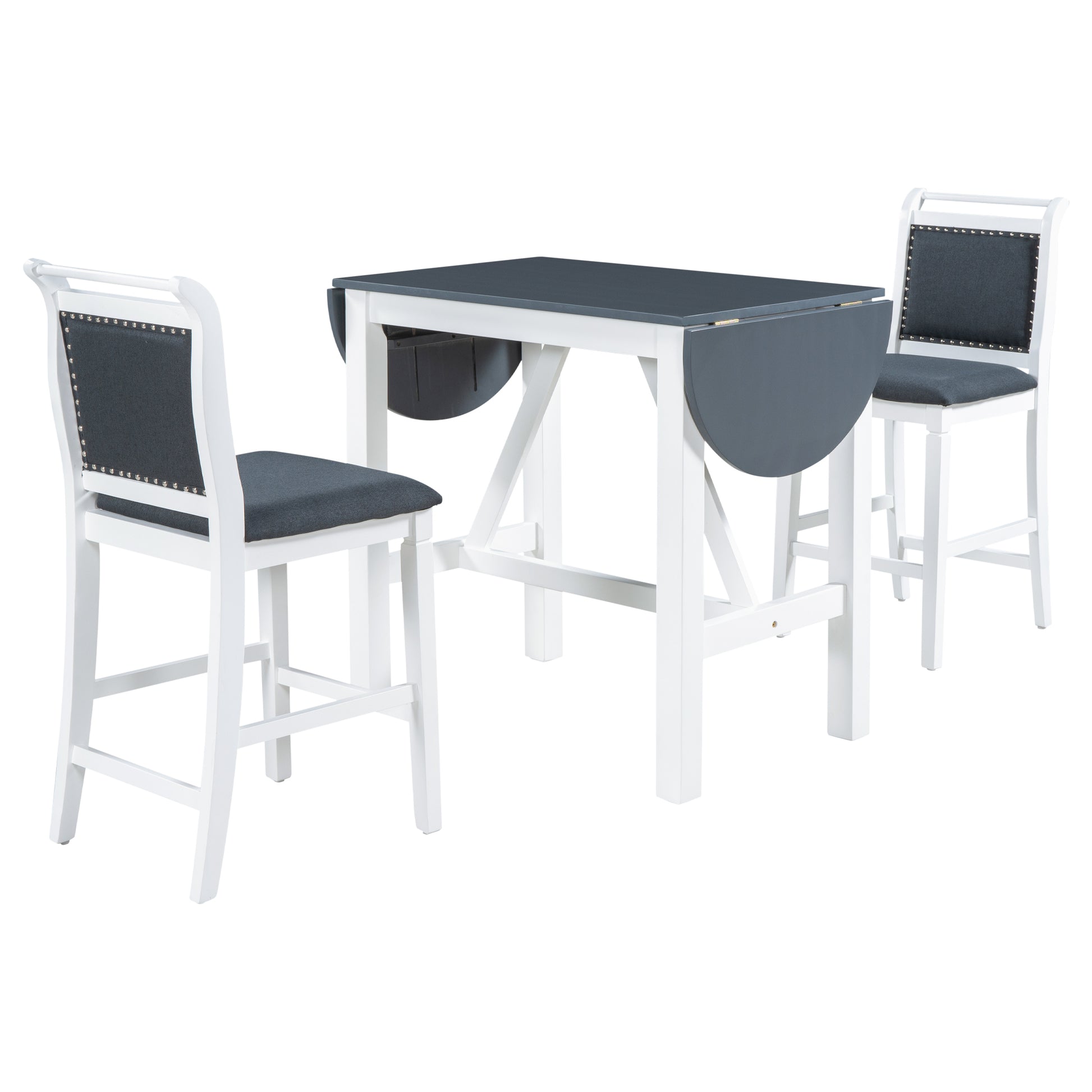 TOPMAX 3-Piece Wood Counter Height Drop Leaf Dining Table Set with 2 Upholstered Dining Chairs for Small Place White+Gray - LaTezza Online Shop