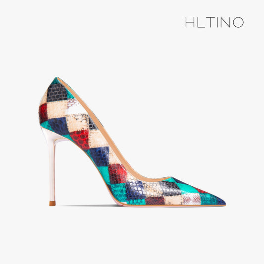 Pumps Red Plaid Snake Pattern Pointed Toe High Heel Shoes Women's Thin Heels Sexy French Large Lacquer Shoes - LaTezza Online Shop