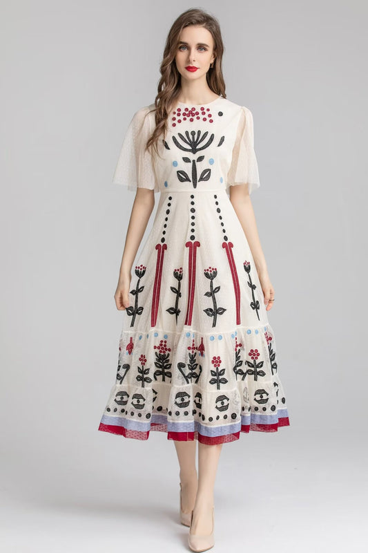 Women's Round Neck Retro Mesh Stitching Embroidery Embroidered Dress Short Sleeve Temperament Slim Midi Skirt - LaTezza Online Shop