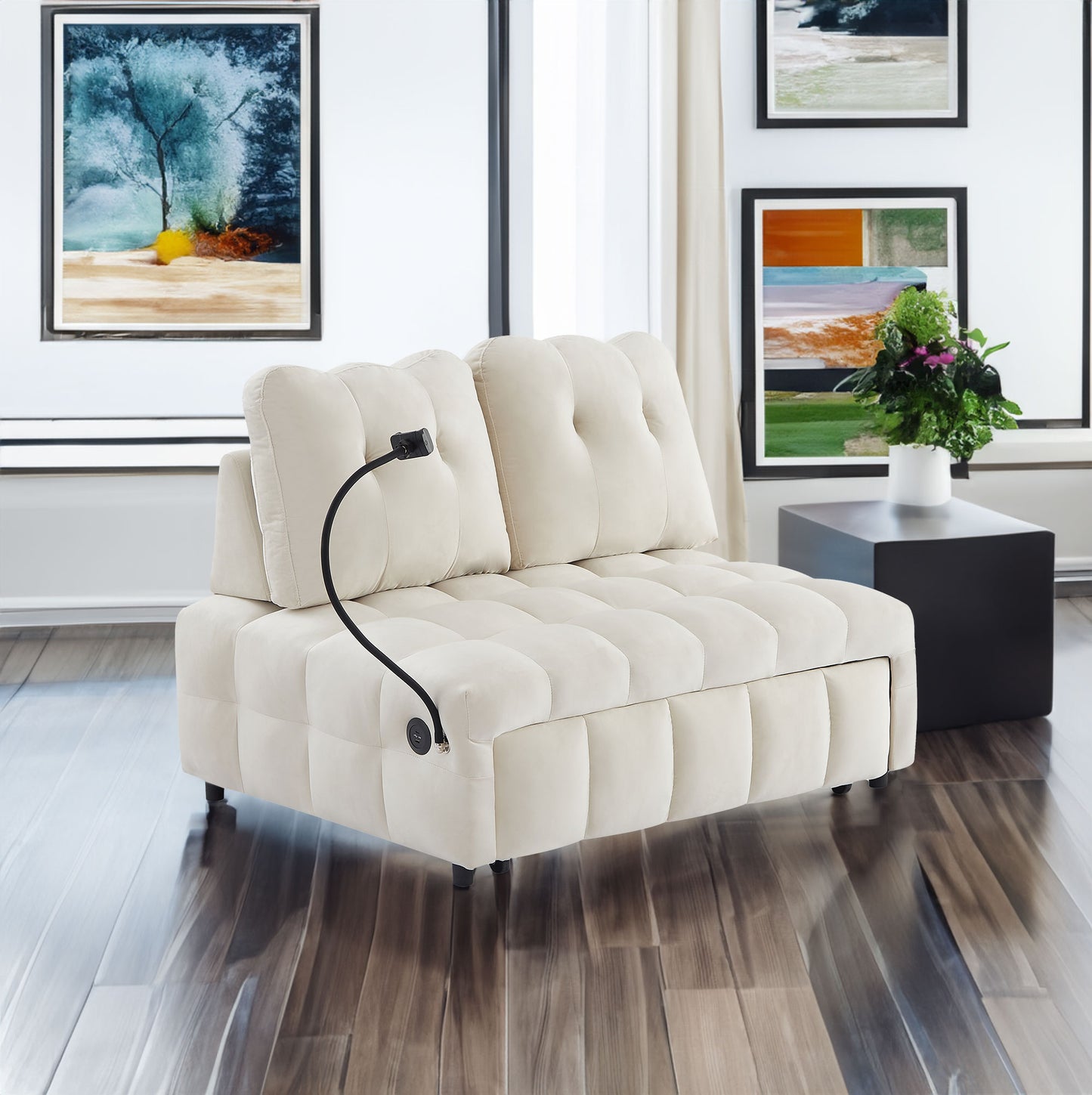Modern sofa velvet pull-out bed,Independently removable backrest, have USB port and swivel phone stand ,beige - LaTezza Online Shop