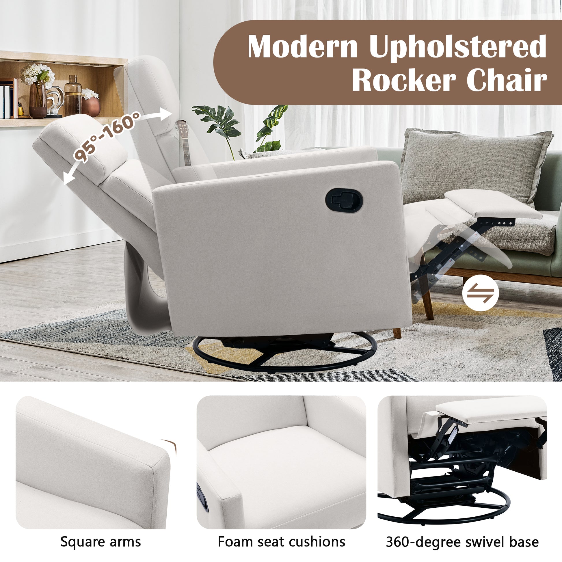 Modern Upholstered Rocker Nursery Chair Plush Seating Glider Swivel Recliner Chair Beige - LaTezza Online Shop