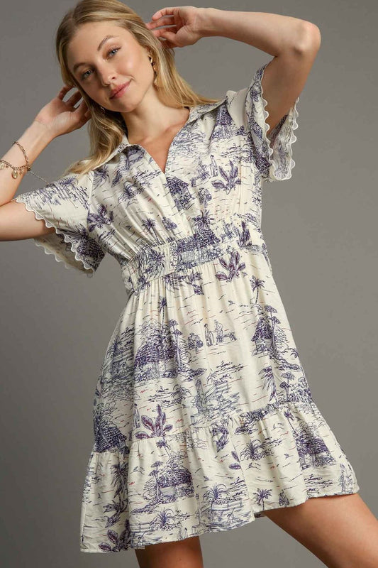 Umgee Full Size Landscape Print Collared Mini Dress Plus Size - LaTezza Online Shop