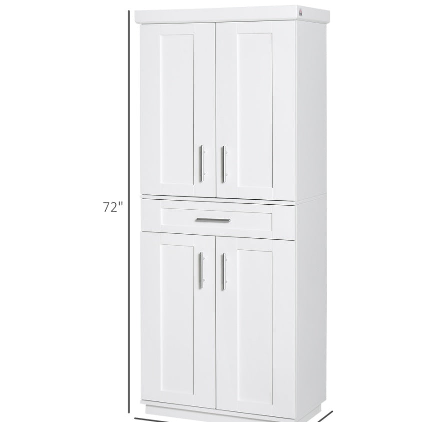 Kitchen Pantry Cabinet 4 Doors, Drawer And 3 Adjustable Shelves For Dining Room, White