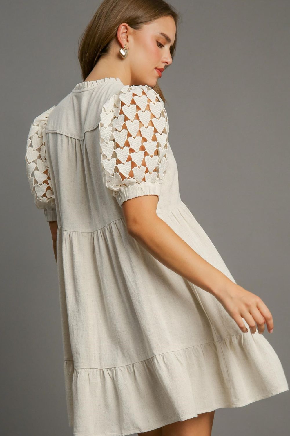 Umgee Full Size Ruffled Hem Heart Lace Sleeve Tie Neck Dress Plus Size - LaTezza Online Shop