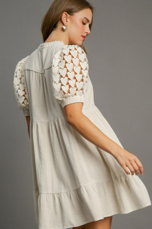 Umgee Full Size Ruffled Hem Heart Lace Sleeve Tie Neck Dress Plus Size - LaTezza Online Shop
