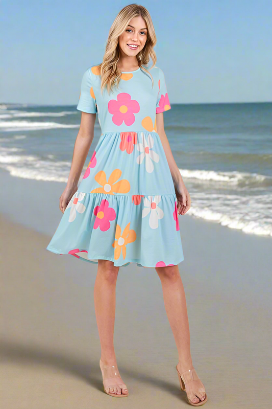 BOMBOM Floral Round Neck Short Sleeve Tiered Dress - LaTezza Online Shop