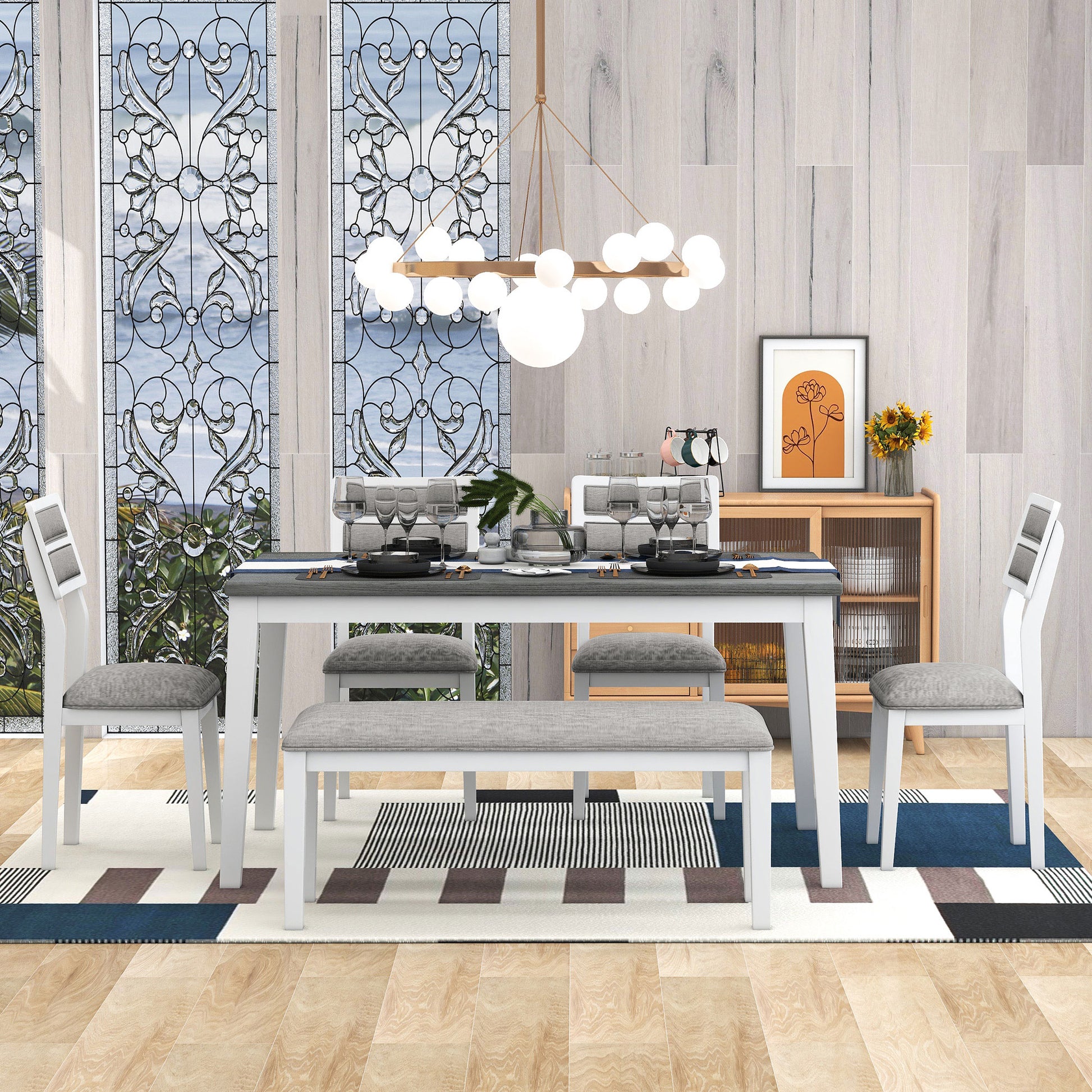 TREXM Classic and Traditional Style 6 - Piece Dining Set, Includes Dining Table  4 Upholstered Chairs & Bench (White+Gray) - LaTezza Online Shop