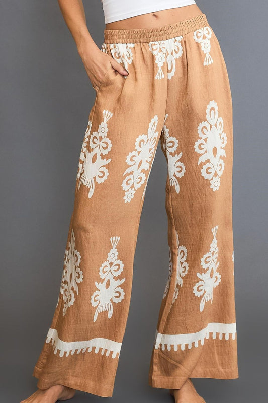 Umgee Full Size Border Print Wide Leg Pants Plus Size - LaTezza Online Shop