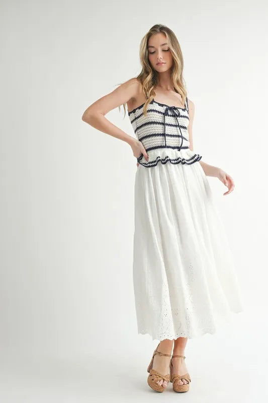 MABLE Crochet Stripe Knit Eyelet Mix Midi Dress - LaTezza Online Shop