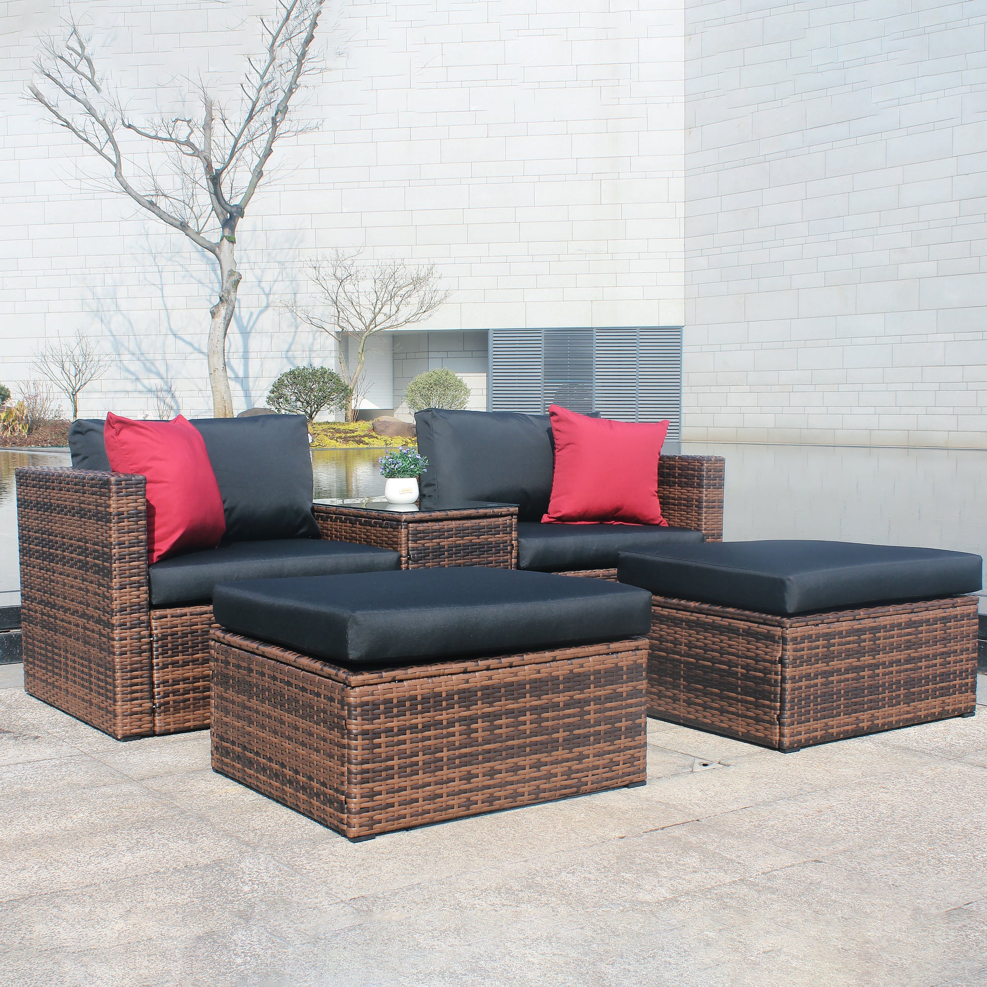 5 Pieces Outdoor Patio Garden Brown Wicker Sectional Sofa Set - LaTezza Online Shop