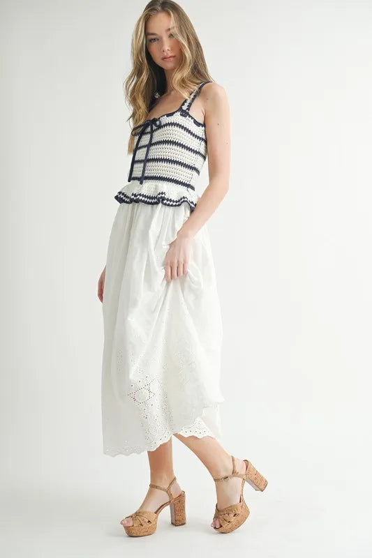 MABLE Crochet Stripe Knit Eyelet Mix Midi Dress - LaTezza Online Shop