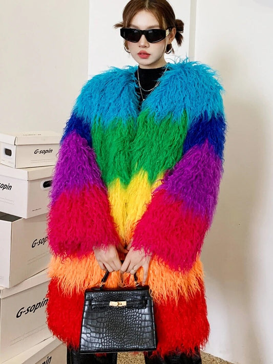 Rainbow Winter Faux Fur Coat Loose Splicing Contrast Color Long Jacket Shaggy Outerwear