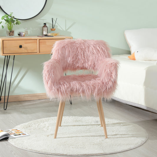 PINK Faux Fur Upholstered Make up chair Side Dining Chair with Metal Leg(PINK+Beech Metal Leg) - LaTezza Online Shop