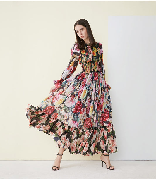 Summer Haut Plus Size Maxi Dress Women Elastic Waist Tiered Layers Hem Rose Floral Print Vintage Elegant Long Dress - LaTezza Online Shop