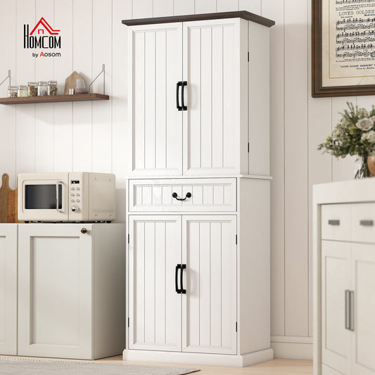 71 LED Kitchen Pantry Cabinet, Farmhouse Storage Cabinet With Door Shelves, Distressed White