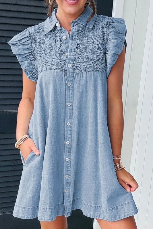 Smocked Collared Neck Cap Sleeve Denim Dress - LaTezza Online Shop