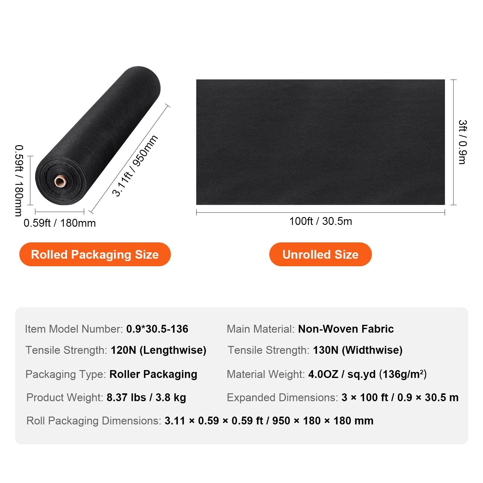 VEVOR Driveway Fabric, 3x100FT Non Woven Geotextile Fabric For Landscaping, Heavy Duty Garden Weed Barrier Fabric, 4OZ Landscape Fabric, French Drains Drainage Fabric, Ground Cover Weed Contr - LaTezza Online Shop