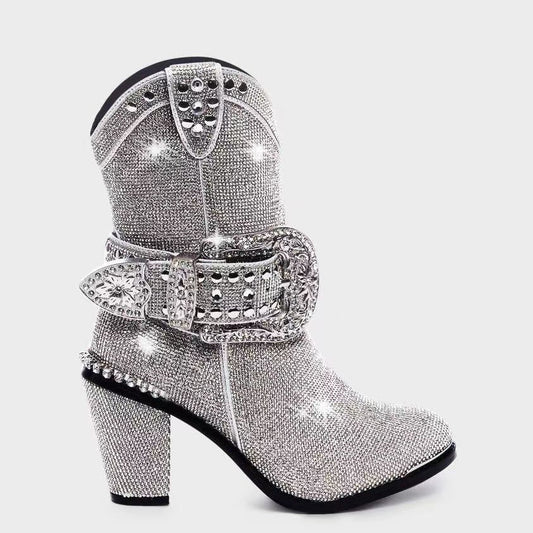 Western denim hot drill mid tube round head belt buckle thick heel fashion boots - LaTezza Online Shop