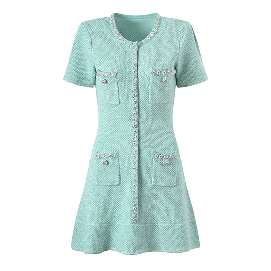 Diamond sequin single breasted ruffle edge cinched waist knitted dress for women - LaTezza Online Shop