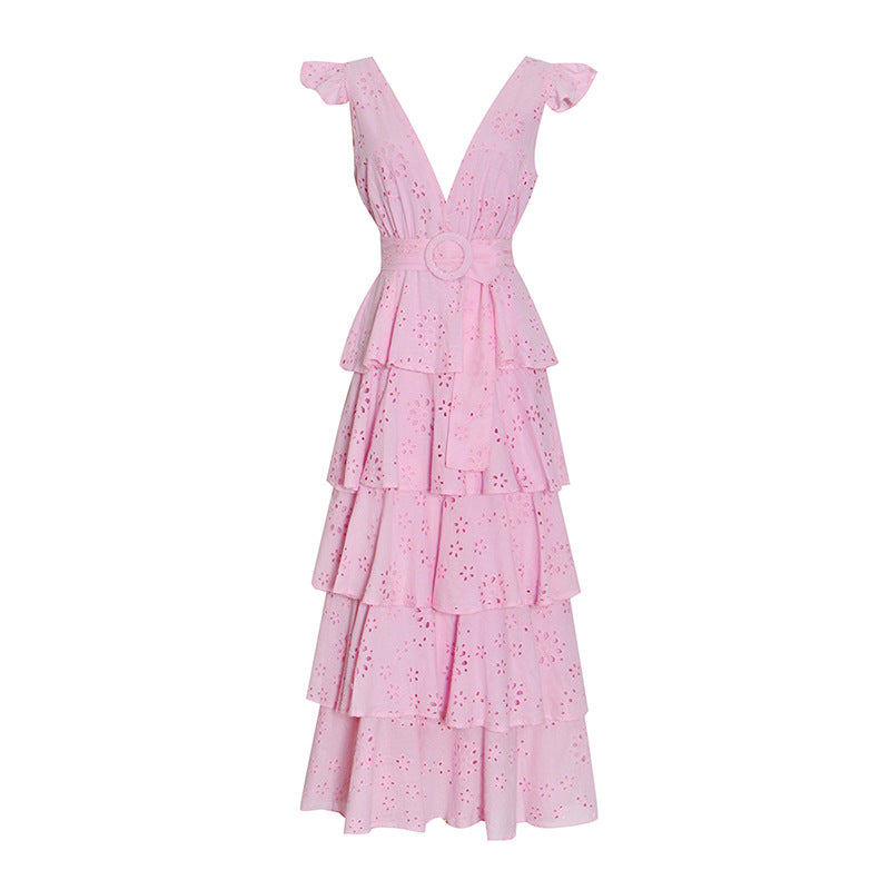 Simple Design Solid Color Cake Skirt Summer New Sexy V-Neck Hook Flower Hollow Stitching Dress - LaTezza Online Shop