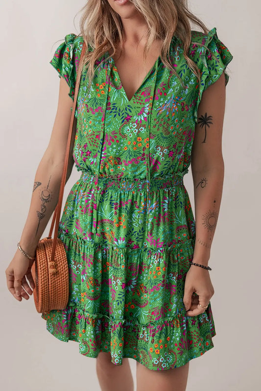 Short Dress Floral Tie Split Neck Frilly Ruffle Trim Tiered - LaTezza Online Shop