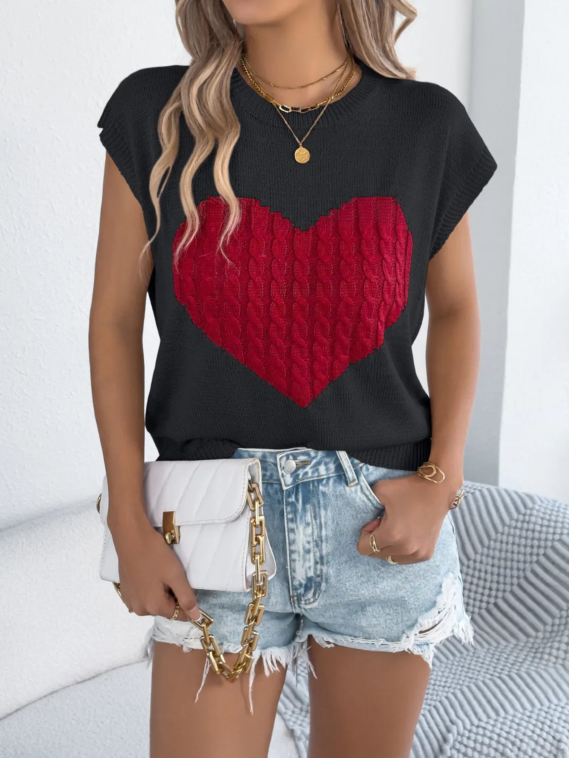 Cable Knit Heart Round Neck Cap Sleeve Knit Top - LaTezza Online Shop