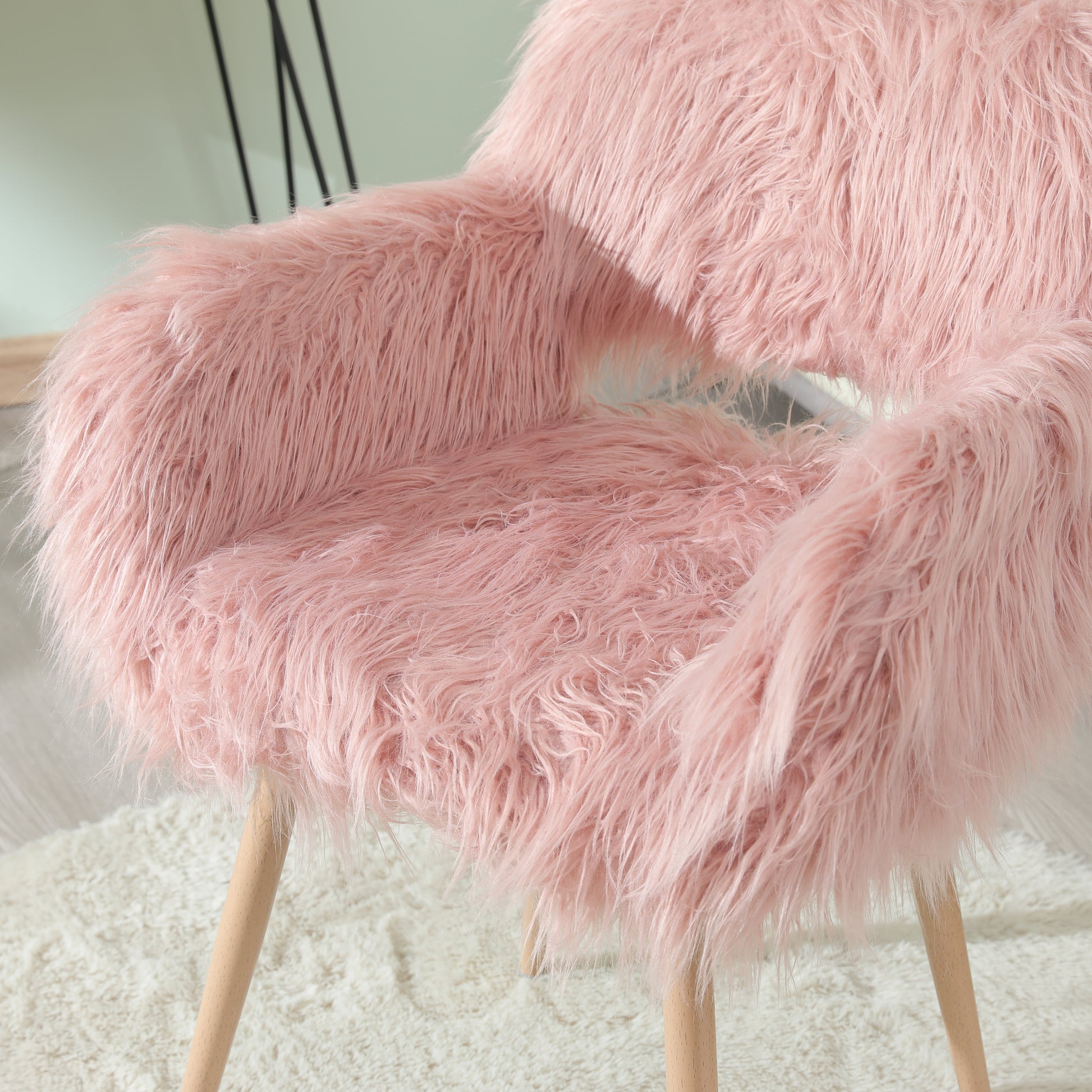 PINK Faux Fur Upholstered Make up chair Side Dining Chair with Metal Leg(PINK+Beech Metal Leg) - LaTezza Online Shop
