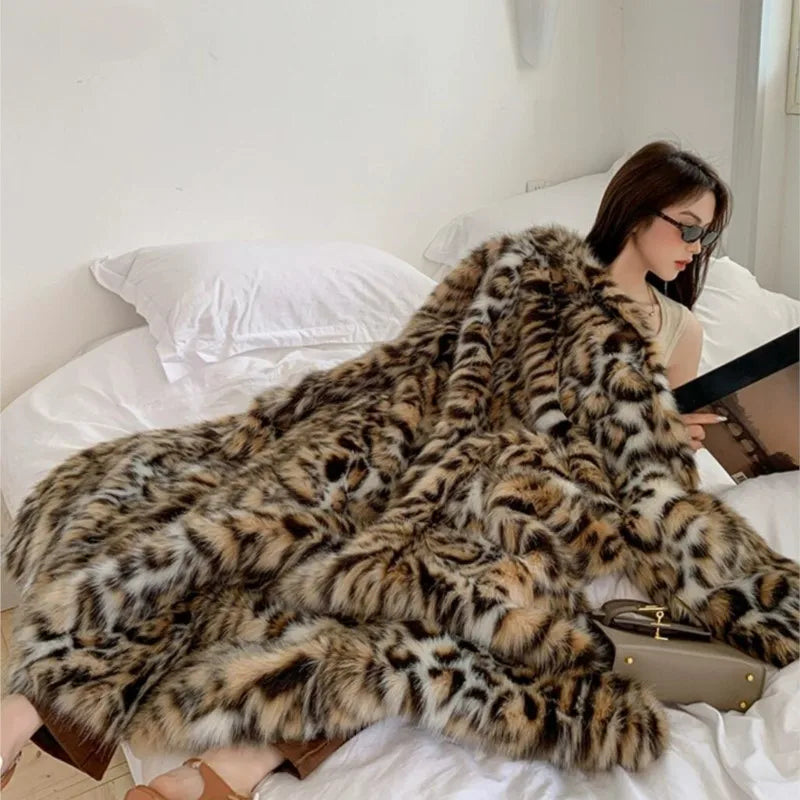 High quality Winter Animal Leopard Faux Fur Extra Long Coat Full Sleeve Loose War Jacket Loose Outerwear - LaTezza Online Shop