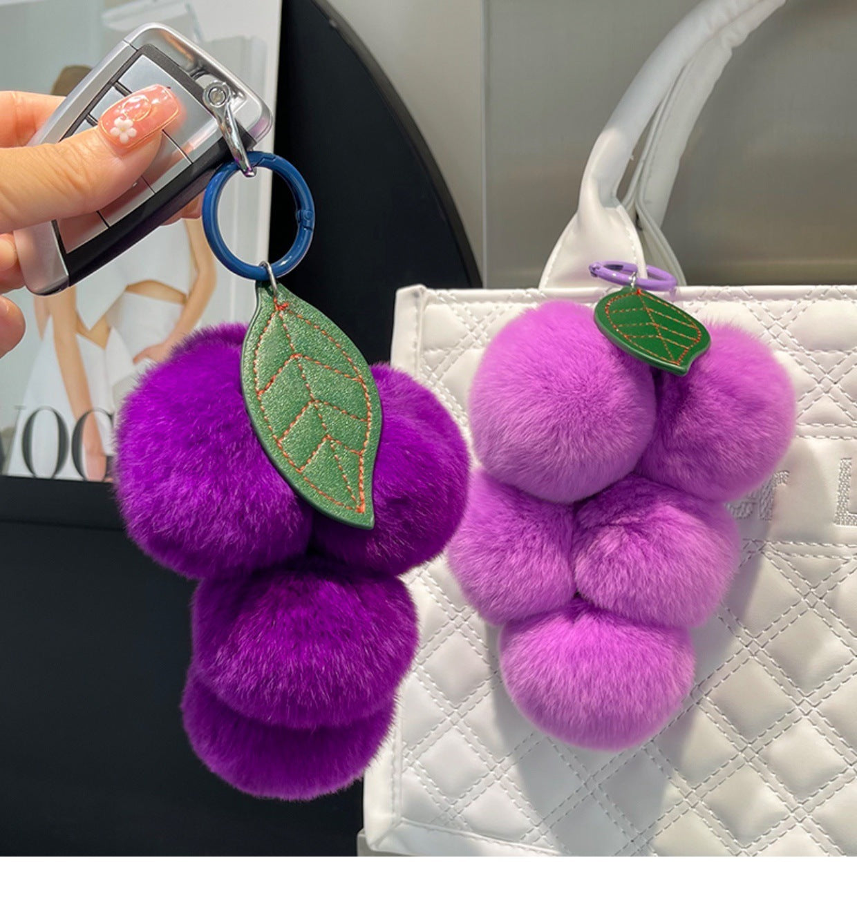 Real Rex Rabbit Hair Grape Car Key Ring Pendant - LaTezza Online Shop