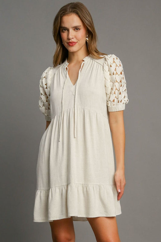 Umgee Full Size Ruffled Hem Heart Lace Sleeve Tie Neck Dress Plus Size - LaTezza Online Shop