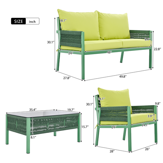 Outdoor Furniture with Tempered Glass Table,  Set Deep Seating with Thick Cushion  (Fluorescent Yellow & Green) - LaTezza Online Shop