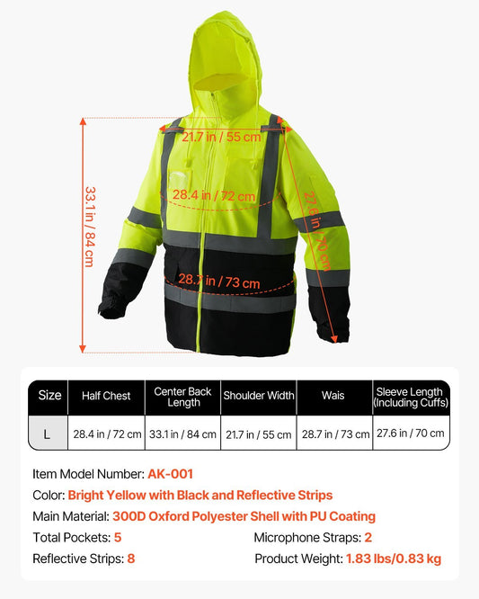 High Visibility Reflective Safety Jacket Waterproof Hoodie Yellow With Black L - LaTezza Online Shop