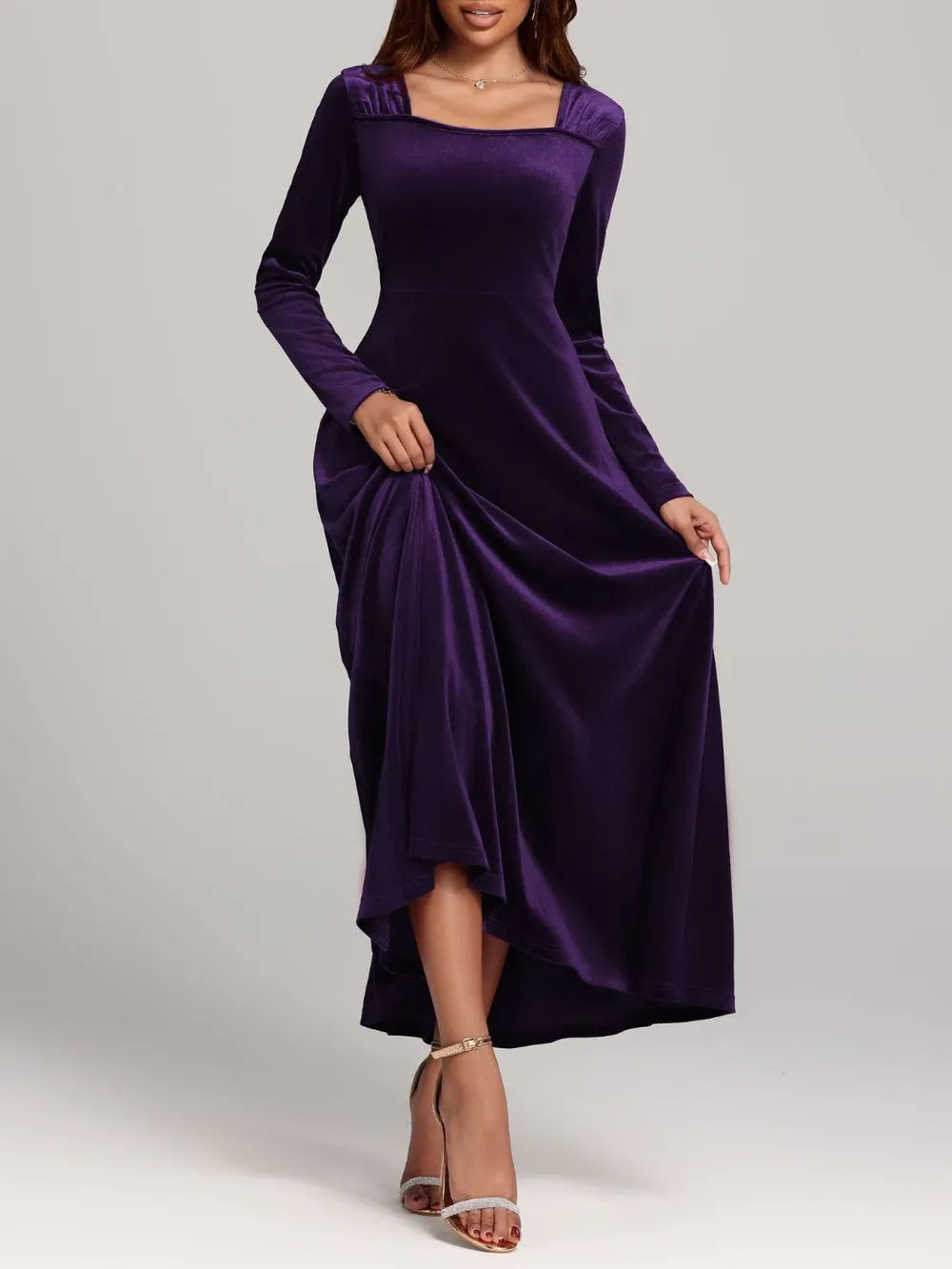 Square Neck Long Sleeve Velvet Dress - LaTezza Online Shop