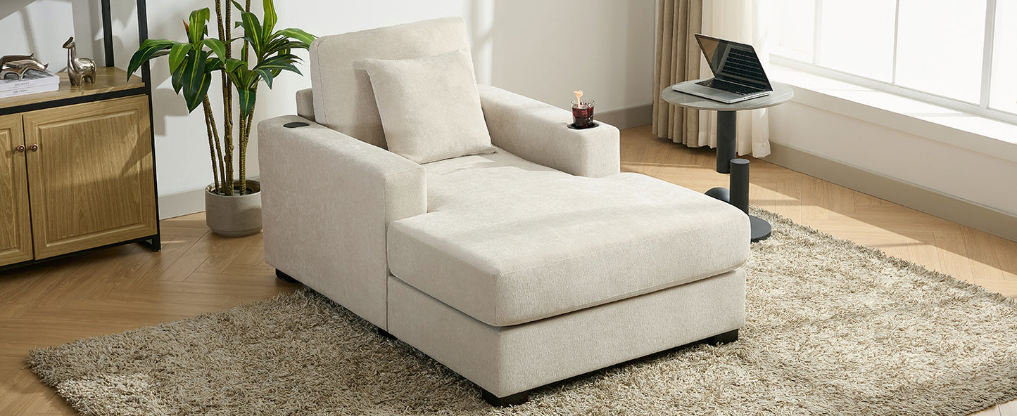 39.7" Oversized Chaise Lounger Modern Style Sofa Couch ,with Pillows, Charge Station & Cup Holders, Chenille Fabric, Cream - LaTezza Online Shop