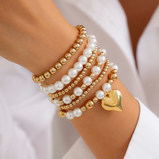 Faux Pearl bead bracelet  set with heart-shaped hollow charm Silver Tone bead bracelet set with key charm - LaTezza Online Shop