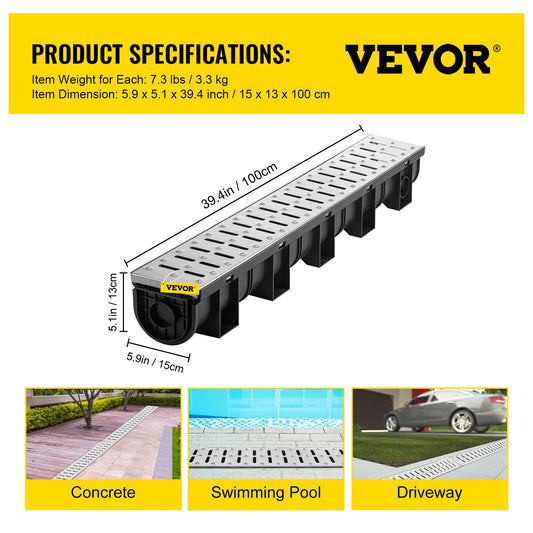 VEVOR Trench Drain System, Channel Drain With Metal Grate, 5.9x5.1-Inch HDPE Drainage Trench, Black Plastic Garage Floor Drain, 3x39 Trench Drain Grate, With 3 End Caps, For Garden, Driveway- - LaTezza Online Shop