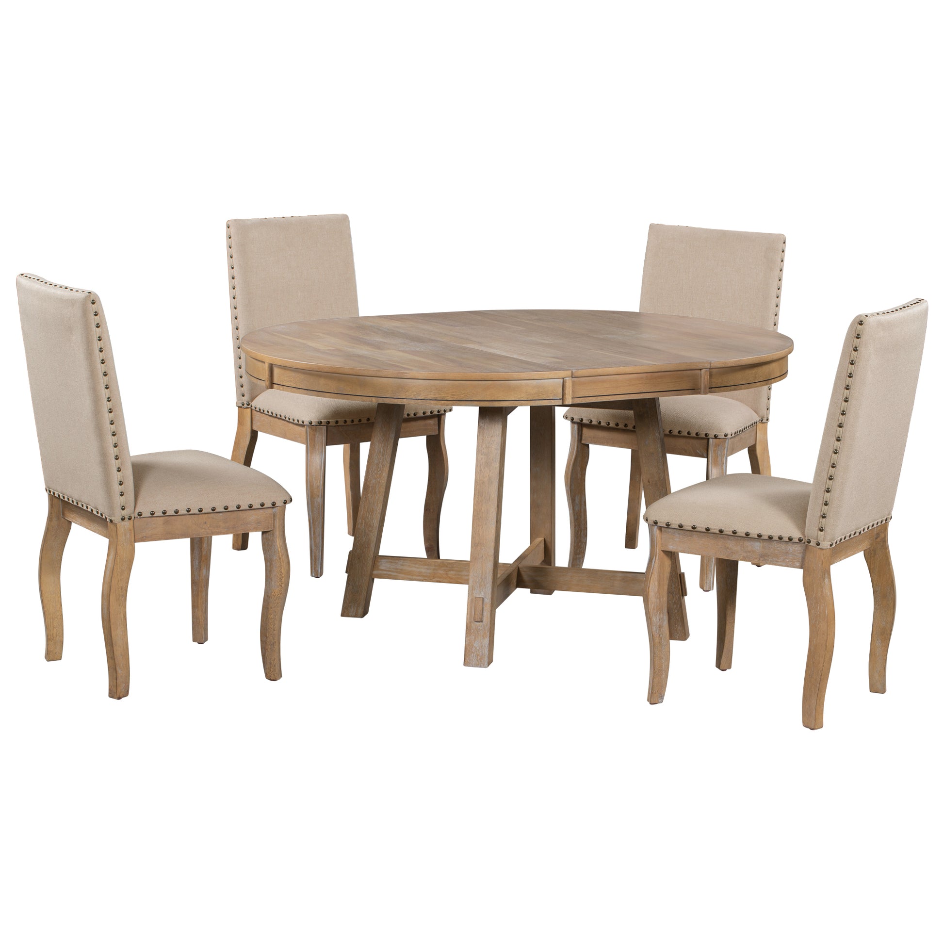 TREXM 5-Piece Farmhouse Dining Table Set Wood Round Extendable Dining Table and 4 Upholstered Dining Chairs (Natural Wood Wash) - LaTezza Online Shop
