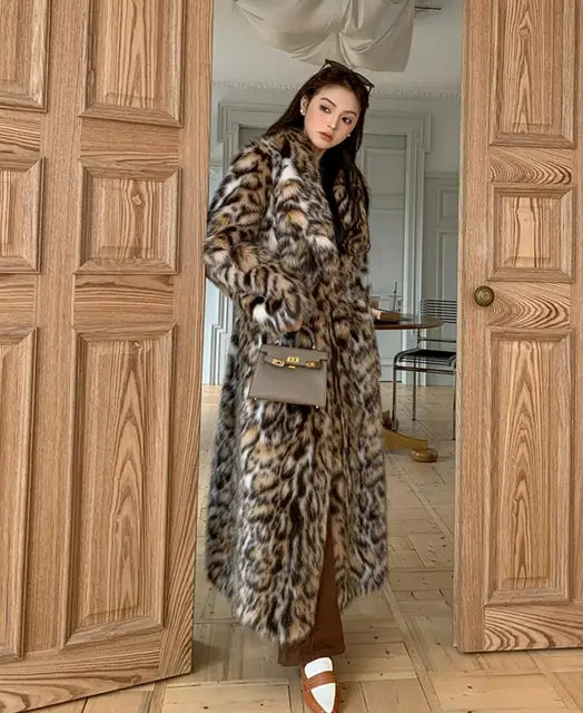 High quality Winter Animal Leopard Faux Fur Extra Long Coat Full Sleeve Loose War Jacket Loose Outerwear - LaTezza Online Shop
