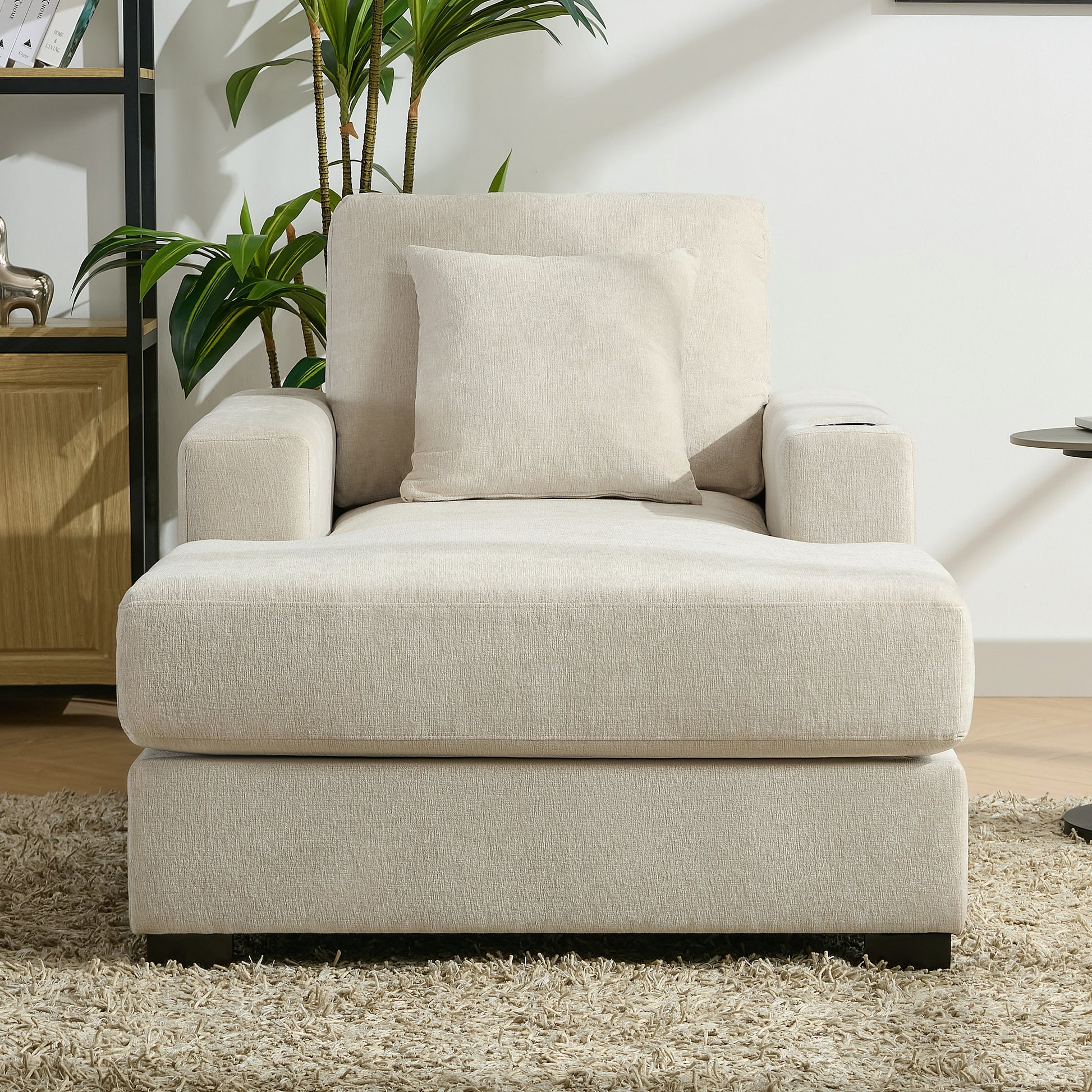 39.7" Oversized Chaise Lounger Modern Style Sofa Couch ,with Pillows, Charge Station & Cup Holders, Chenille Fabric, Cream - LaTezza Online Shop